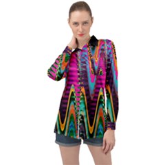 Multicolored Wave Distortion Zigzag Chevrons 2 Background Color Solid Black Long Sleeve Satin Shirt