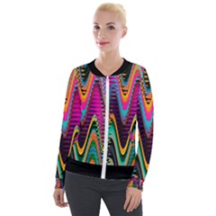 Multicolored Wave Distortion Zigzag Chevrons 2 Background Color Solid Black Velour Zip Up Jacket by EDDArt