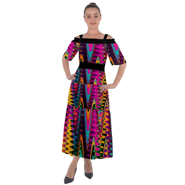 Multicolored Wave Distortion Zigzag Chevrons 2 Background Color Solid Black Shoulder Straps Boho Maxi Dress 