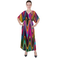 Multicolored Wave Distortion Zigzag Chevrons 2 Background Color Solid Black V-neck Boho Style Maxi Dress by EDDArt