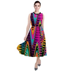 Multicolored Wave Distortion Zigzag Chevrons 2 Background Color Solid Black Round Neck Boho Dress by EDDArt