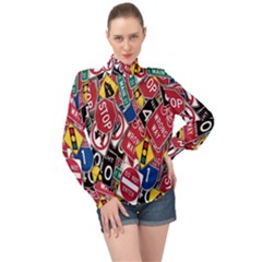 Road Signs High Neck Long Sleeve Chiffon Top