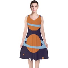 Planet Orbit Universe Star Galaxy V-neck Midi Sleeveless Dress  by Pakrebo