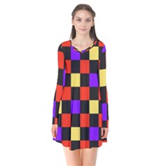 Checkerboard Again Long Sleeve V-neck Flare Dress