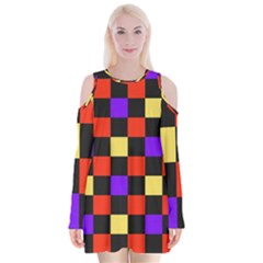 Checkerboard Again Velvet Long Sleeve Shoulder Cutout Dress