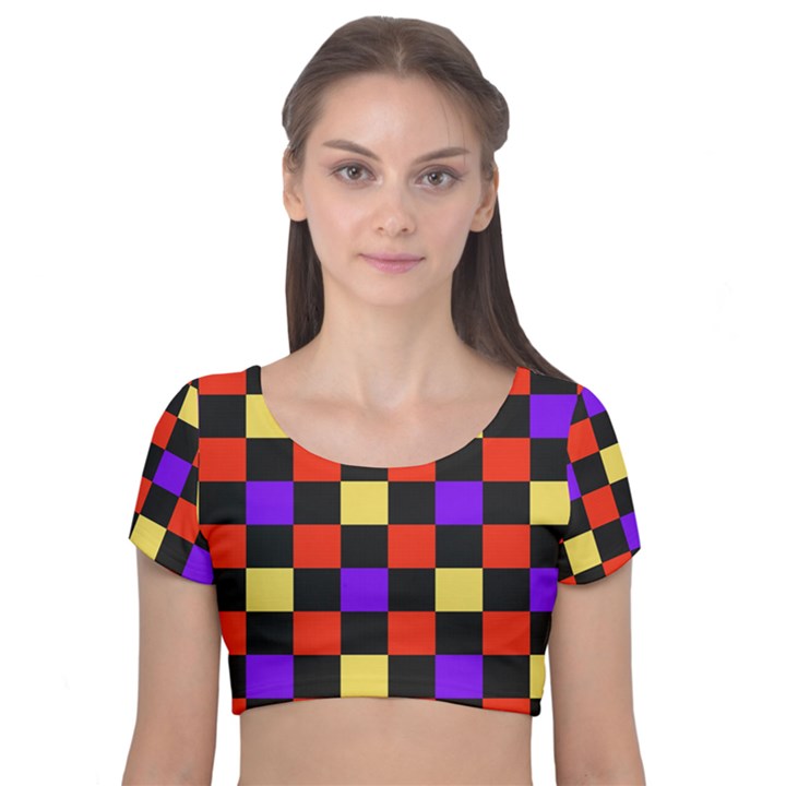 Checkerboard Again Velvet Short Sleeve Crop Top 