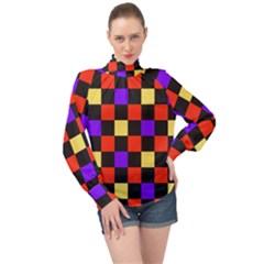 Checkerboard Again High Neck Long Sleeve Chiffon Top