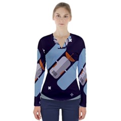 Satellite Machine Space Dark V-neck Long Sleeve Top by Pakrebo