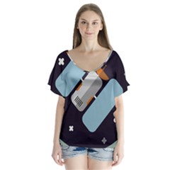 Satellite Machine Space Dark V-neck Flutter Sleeve Top by Pakrebo