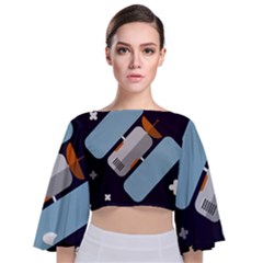 Satellite Machine Space Dark Tie Back Butterfly Sleeve Chiffon Top