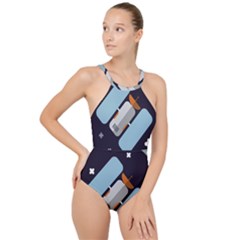 Satellite Machine Space Dark High Neck One Piece Swimsuit by Pakrebo