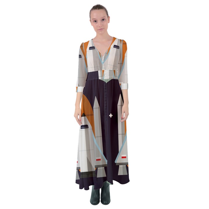 Rocket Space Universe Spaceship Button Up Maxi Dress