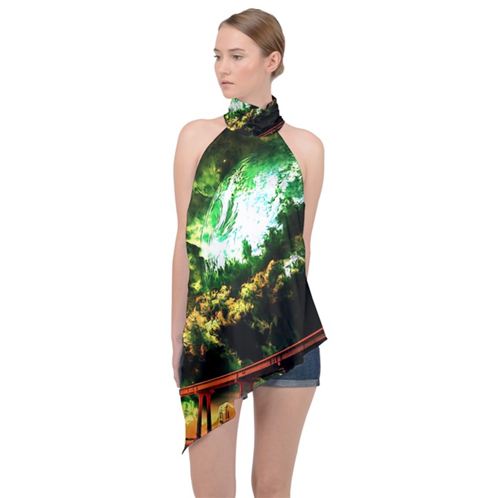 Science Fiction Forward Futuristic Halter Asymmetric Satin Top