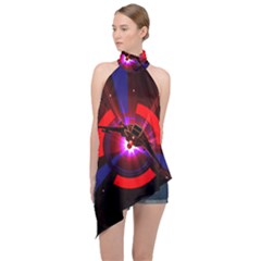 Science Fiction Cover Adventure Halter Asymmetric Satin Top by Pakrebo