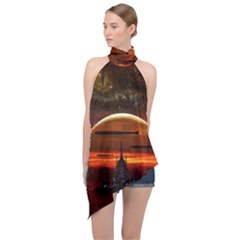 Science Fiction Digital Illustration Halter Asymmetric Satin Top by Pakrebo