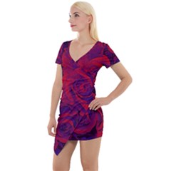 Roses Red Purple Flowers Pretty Short Sleeve Asymmetric Mini Dress by Pakrebo