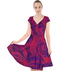 Roses Red Purple Flowers Pretty Cap Sleeve Front Wrap Midi Dress by Pakrebo