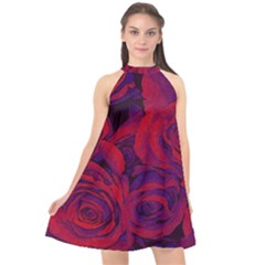 Roses Red Purple Flowers Pretty Halter Neckline Chiffon Dress  by Pakrebo