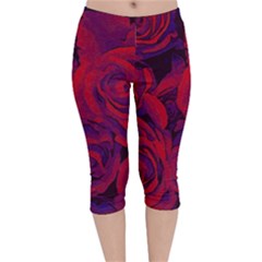 Roses Red Purple Flowers Pretty Velvet Capri Leggings 