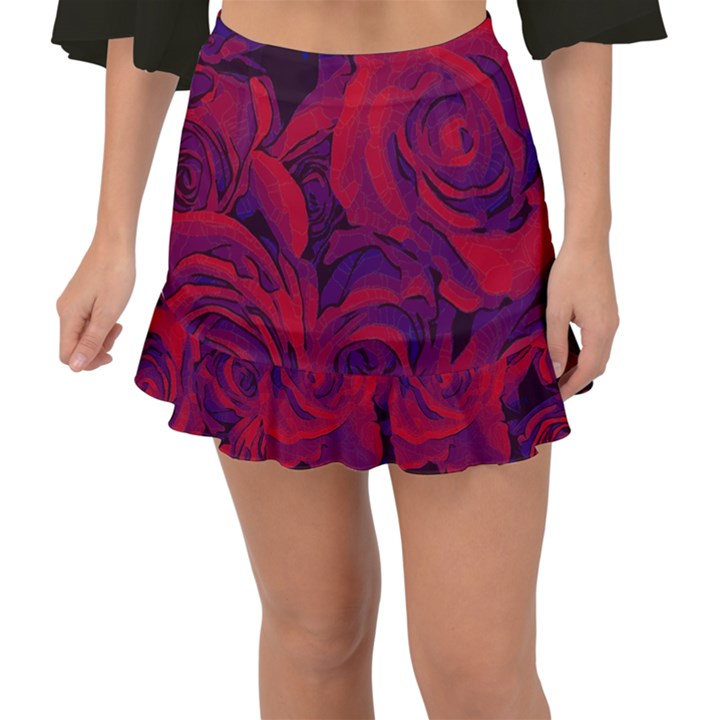 Roses Red Purple Flowers Pretty Fishtail Mini Chiffon Skirt