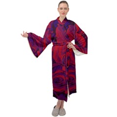 Roses Red Purple Flowers Pretty Maxi Tie Front Velour Kimono