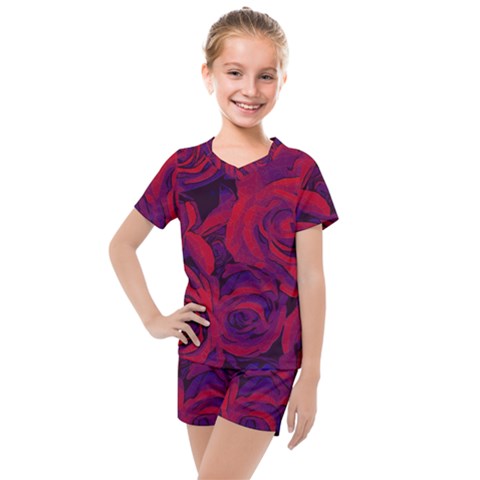 Roses Red Purple Flowers Pretty Kids  Mesh Tee And Shorts Set by Pakrebo