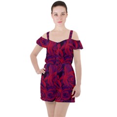 Roses Red Purple Flowers Pretty Ruffle Cut Out Chiffon Playsuit by Pakrebo