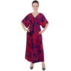 Roses Red Purple Flowers Pretty V-neck Boho Style Maxi Dress