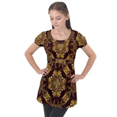 Gold Black Book Cover Ornate Puff Sleeve Tunic Top by Pakrebo