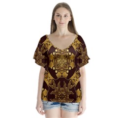 Gold Black Book Cover Ornate V-neck Flutter Sleeve Top by Pakrebo