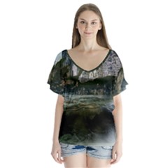 Sea Island Castle Landscape V-neck Flutter Sleeve Top by Pakrebo