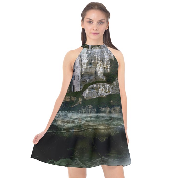 Sea Island Castle Landscape Halter Neckline Chiffon Dress 