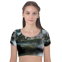 Sea Island Castle Landscape Velvet Short Sleeve Crop Top  by Pakrebo