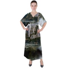 Sea Island Castle Landscape V-neck Boho Style Maxi Dress