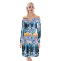 Sea Waves Ocean Water Beach Surf Long Sleeve Velvet Front Wrap Dress by Pakrebo