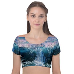 Sea Waves Ocean Water Beach Surf Velvet Short Sleeve Crop Top  by Pakrebo