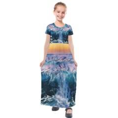 Sea Waves Ocean Water Beach Surf Kids  Short Sleeve Maxi Dress by Pakrebo