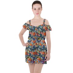 Daisies Flowers Colorful Garden Ruffle Cut Out Chiffon Playsuit by Pakrebo