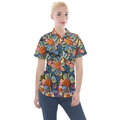 Daisies Flowers Colorful Garden Women s Short Sleeve Pocket Shirt