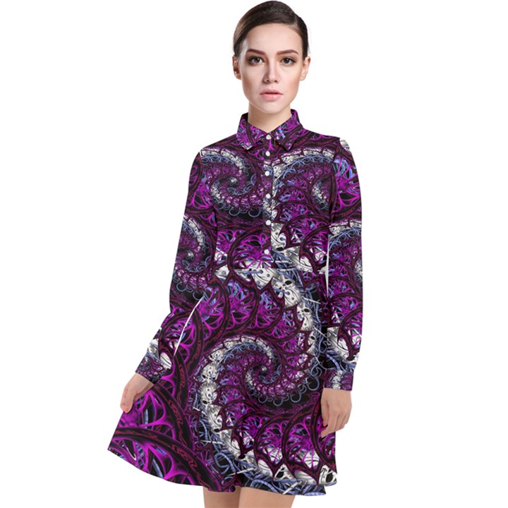 Fractal Background Swirl Art Skull Long Sleeve Chiffon Shirt Dress