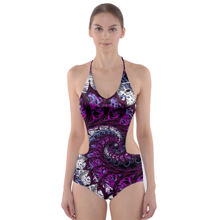 Fractal Background Swirl Art Skull Cut-Out One Piece Swimsuit