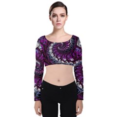 Fractal Background Swirl Art Skull Velvet Long Sleeve Crop Top by Pakrebo