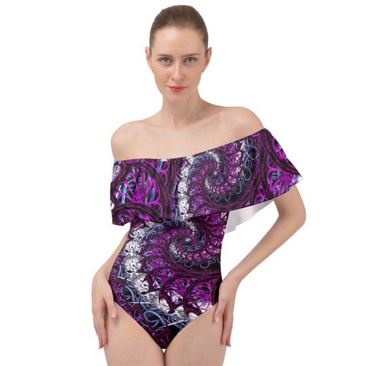 Fractal Background Swirl Art Skull Off Shoulder Velour Bodysuit 