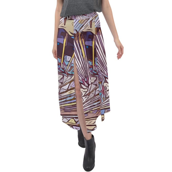 Abstract Drawing Design Modern Velour Split Maxi Skirt