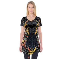 Tiger Predator Abstract Feline Short Sleeve Tunic  by Pakrebo