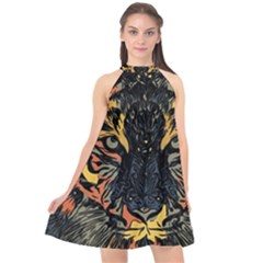 Tiger Predator Abstract Feline Halter Neckline Chiffon Dress  by Pakrebo