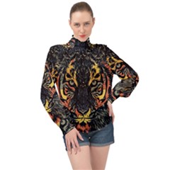 Tiger Predator Abstract Feline High Neck Long Sleeve Chiffon Top