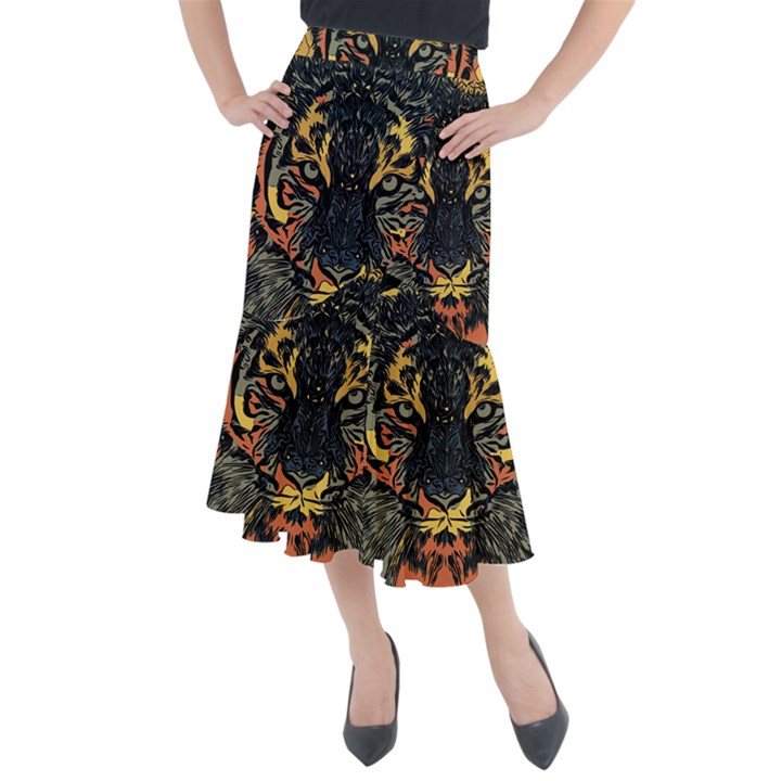 Tiger Predator Abstract Feline Midi Mermaid Skirt