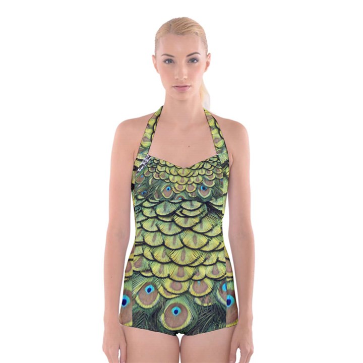 Peacock Feathers Peacock Bird Boyleg Halter Swimsuit 