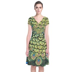 Peacock Feathers Peacock Bird Short Sleeve Front Wrap Dress by Pakrebo